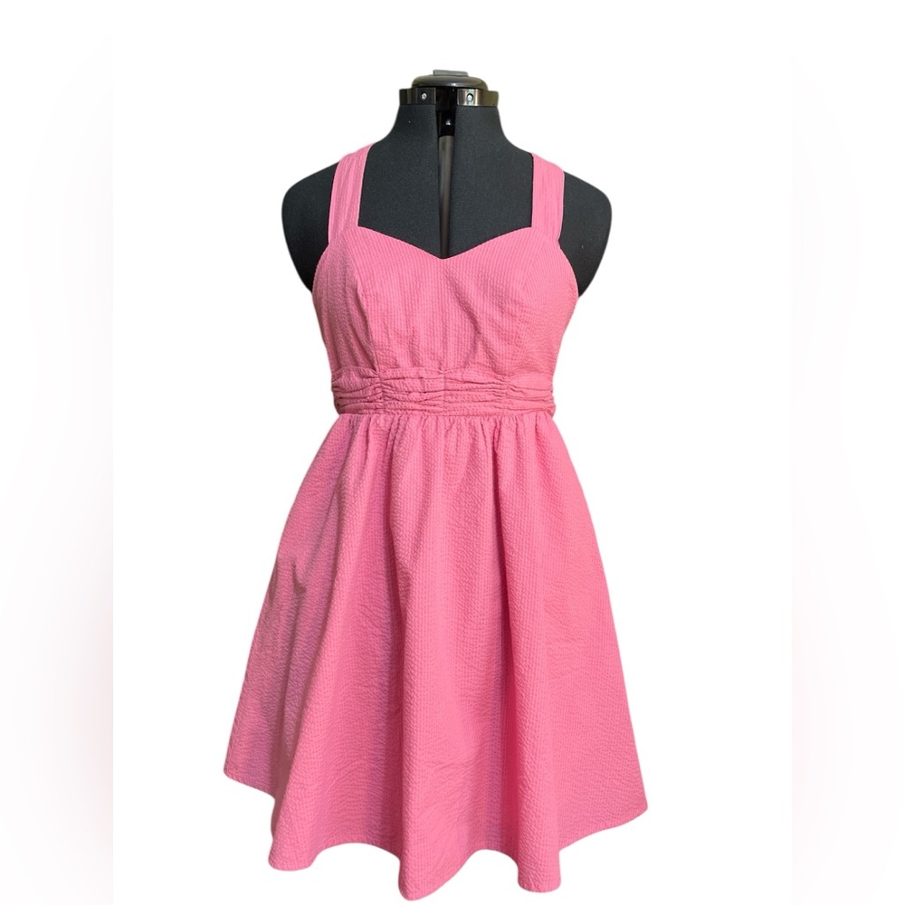 LAUREN JAMES halter dress rose pink Livingston seersucker‎ bow back pockets XS